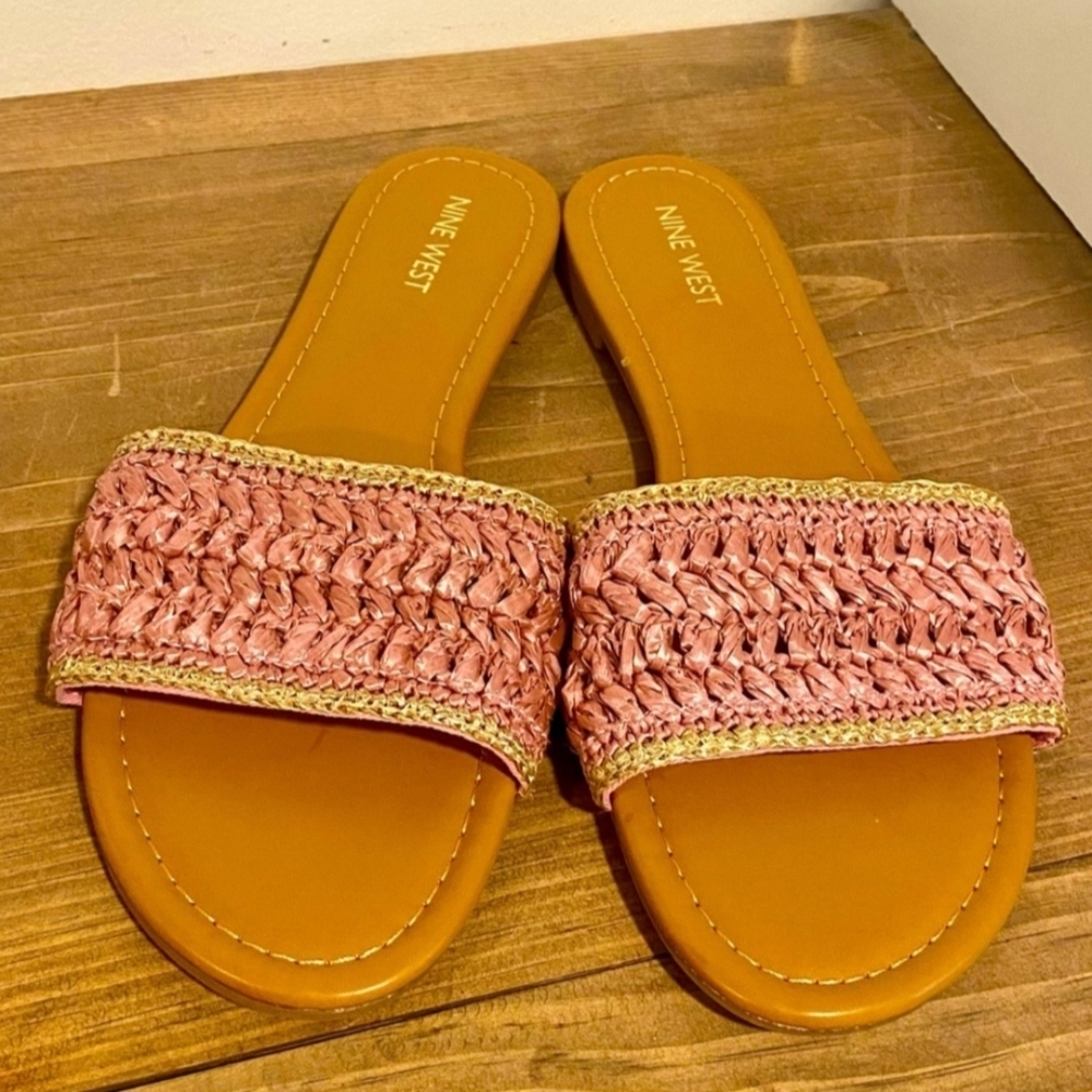 Nine West Women's Pink and Tan Beehive Slide Sandals, Like New, Size 10